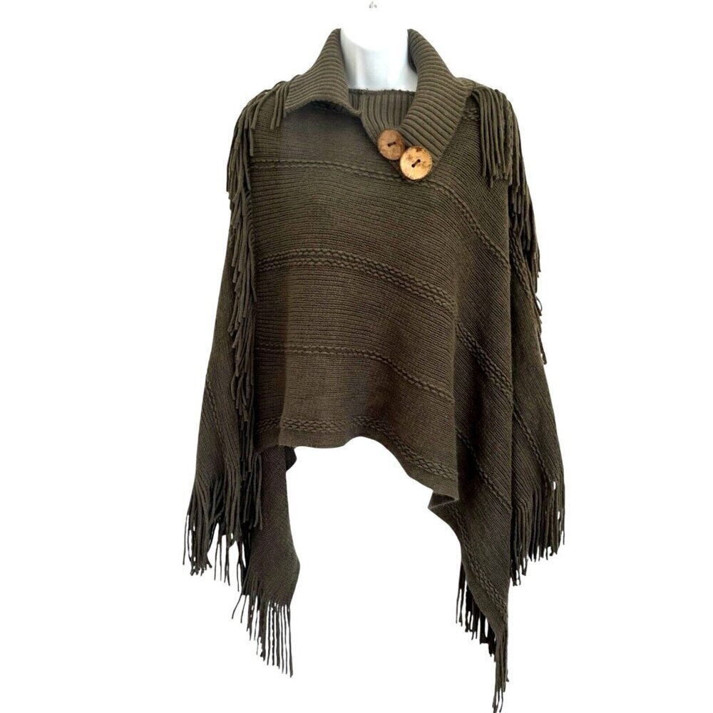 Leto Collection Fringe Poncho Wrap Olive Green One Size Bohemian Boho Hippie - Picture 13 of 13